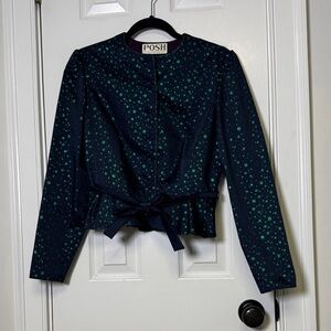 Vintage POSH by Jay Anderson Metallic Jacquard Peplum Party Jacket Navy Green S